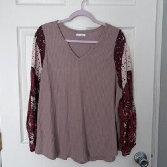 Tops - Mauve Waffle Knit Long Sleeve Top with Floral Balloon Sleeves